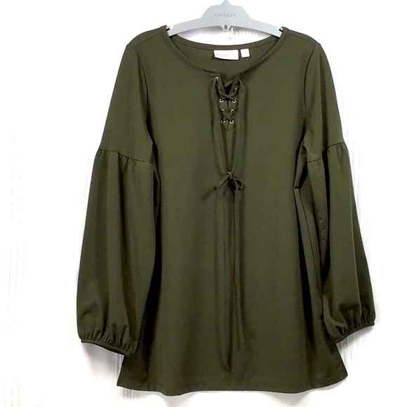 Belle by Kim Gravel Tops - ⚜️ BELLE by Kim Gravel Green Knit Peasant Grommet Tie Long Sleeve Popover Tunic